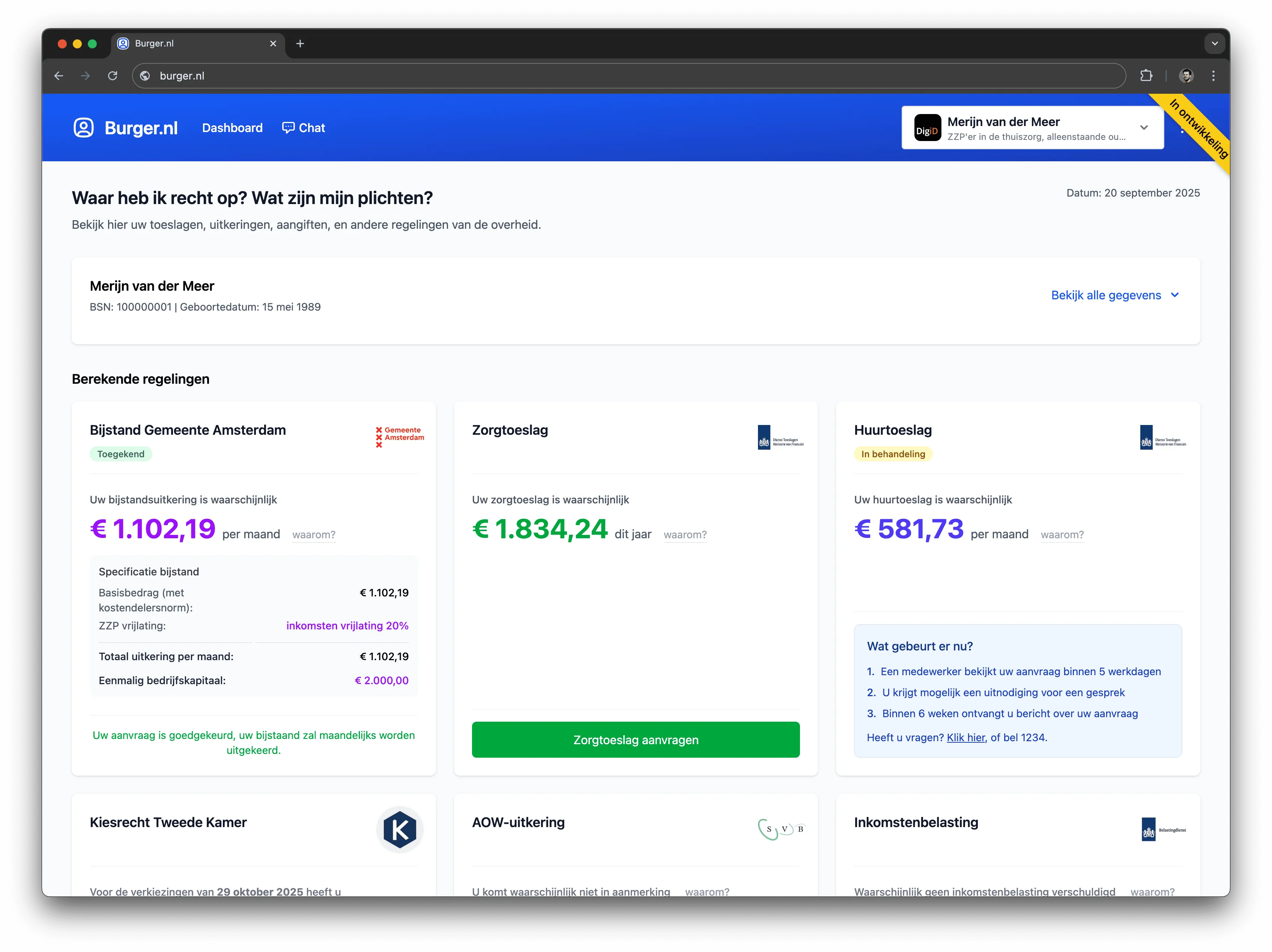 Screenshot of a personal rules dashboard: a list of benefits and allowances where each rule shows its origin in the law.