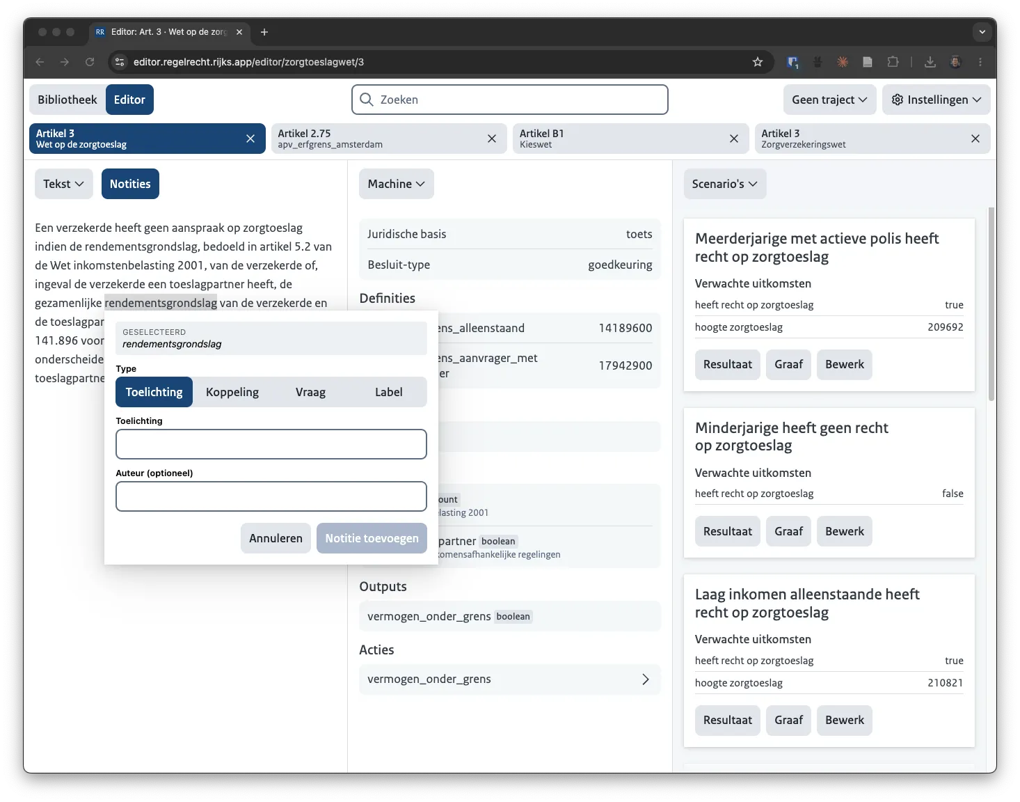 Screenshot of the RegelRecht editor: the text of the Health-Care Allowance Act on the left, machine-readable definitions and outputs in the middle, and scenarios with expected outcomes on the right. A note popup is open on a selected term.