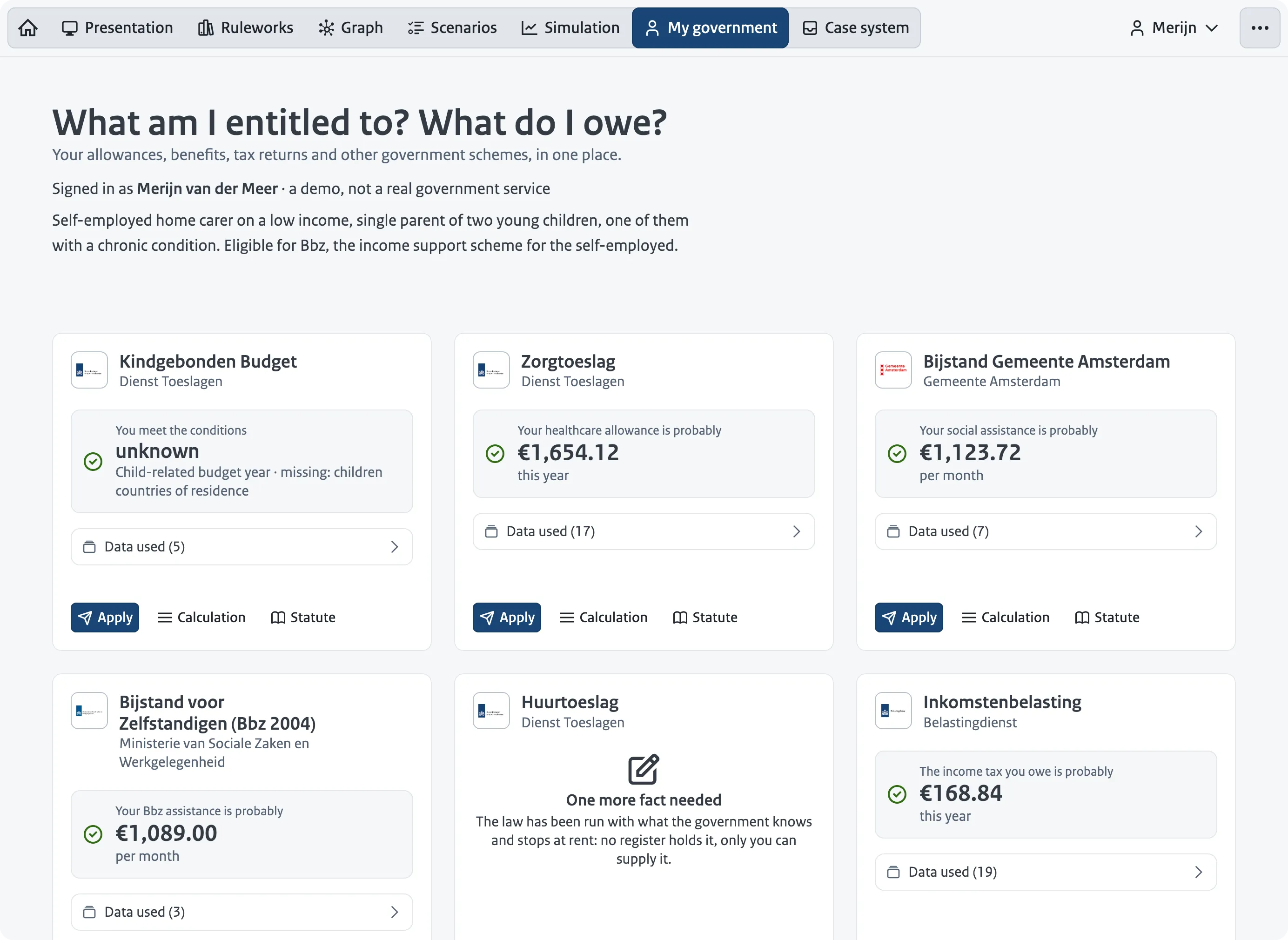 Screenshot of the demo: a citizen's overview of allowances and benefits, each amount computed from the published specification.
