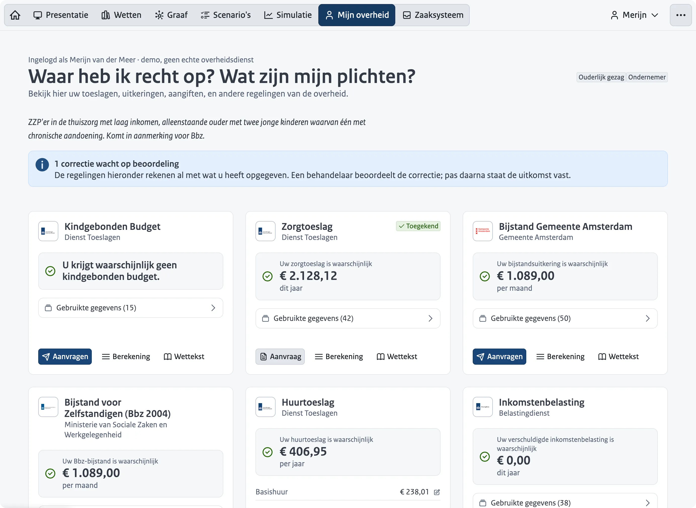 Schermafbeelding van een persoonlijk regeldashboard: een lijst met toeslagen en uitkeringen waarbij per regel de herkomst in de wet wordt getoond.